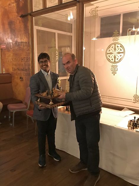 2019 Limerick open tournament winner Tarun Kanyamarala(Portlaoise) thrilled with his first prize & the perpetual trophy. A br